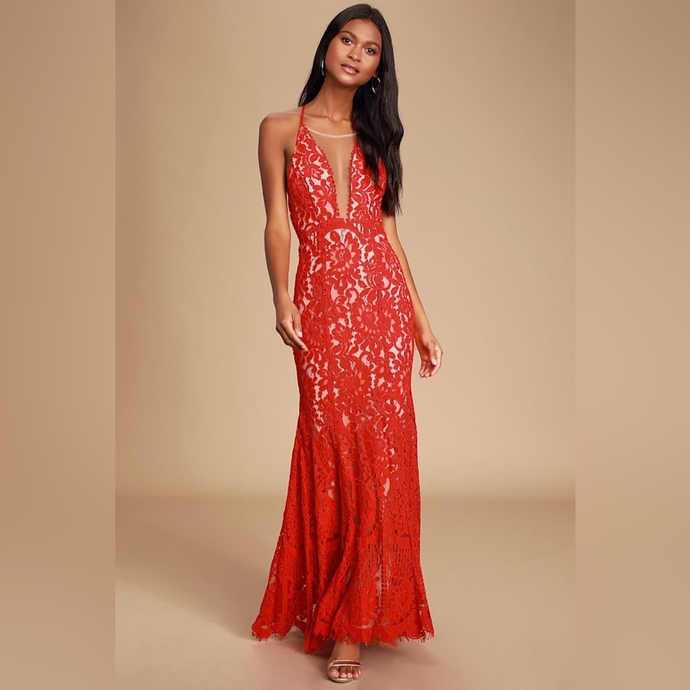 Lulus Practically Perfect Red and Nude Lace Mermaid Maxi Dress